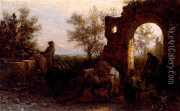 Travellers Watering Horses At A Ruin Oil Painting - Alois Schoenn