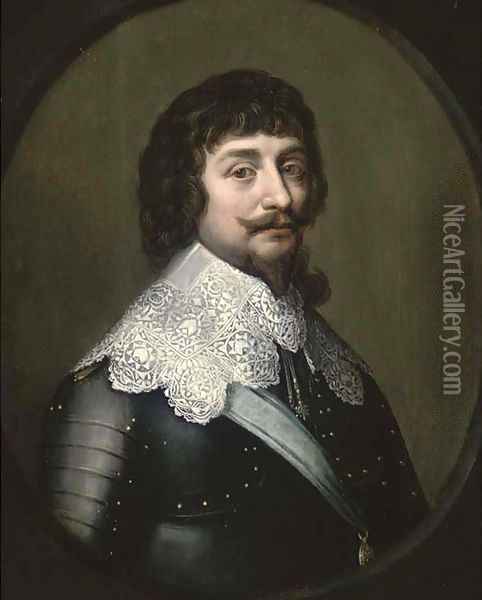Portrait of Frederick V of Bohemia, the Winter King, Elector Palatine (1596-1632), bust-length, in armour with a lace collar Oil Painting - Gerrit Van Honthorst