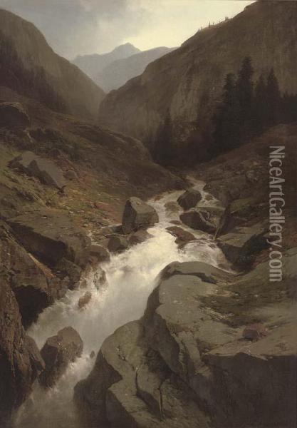 A Mountain Torrent Rushing Through A Gorge Oil Painting - Dedo Carmiencke