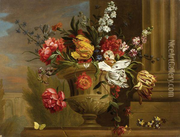 Vase De Fleurs Et Papillon Sur Un Entablement Oil Painting - Jakob Bogdani Eperjes C