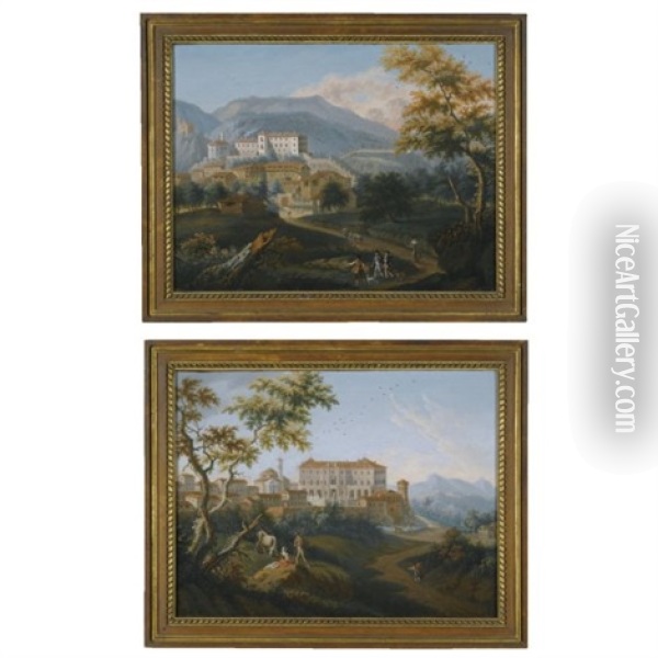 Landscapes Depicting Sabaudi Castles (pair) Oil Painting - Angelo Antonio Cignaroli