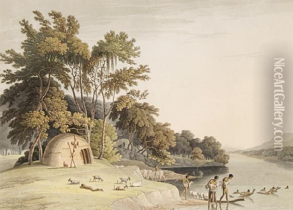 'a Korah Hottentot Village On The Left Bank Ofthe Orange River' Oil Painting - Samuel Daniell