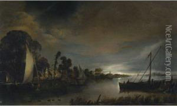 A Moonlit River Landscape Oil Painting - Anthonie Van Borssom