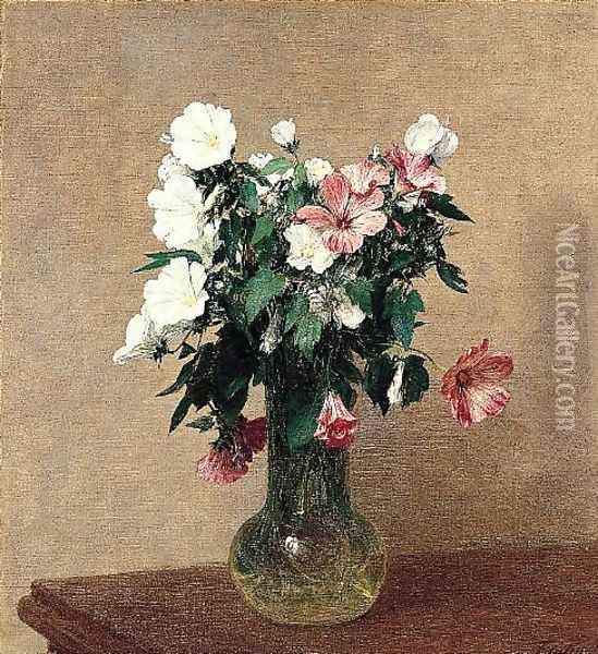 White and Pink Mallows in a Vase Oil Painting - Ignace Henri Jean Fantin-Latour