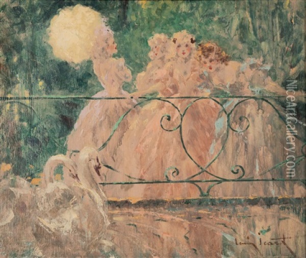 'madchen Am Sommerlichen Schwanenteich', 20. Jahrhundert Oil Painting - Louis Icart