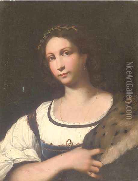 Portrait of a lady, half-length, in a white dress with a fur cape Oil Painting - Sebastiano Del Piombo