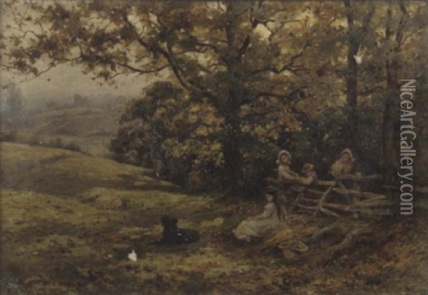Children At Rest On The Edge Of A Wood Oil Painting - Harold Joseph Swanwick