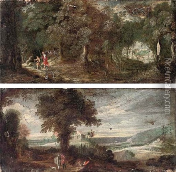 Tobias And The Angel In A Wooded Landscape (+ Elegant Company Walking In A Wooded Landscape; Pair) Oil Painting - Paul Bril