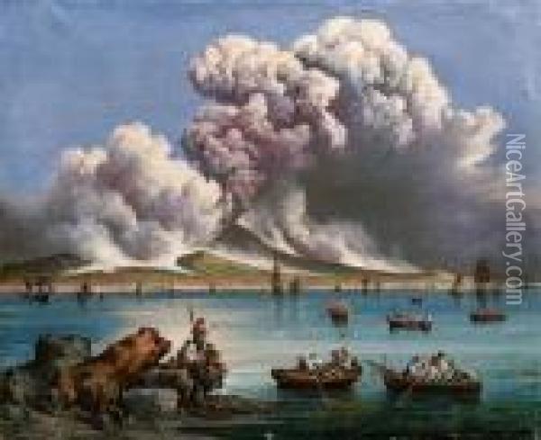 Marina Napoletana Con Eruzione Del Vesuvio Oil Painting - Consalvo Carelli