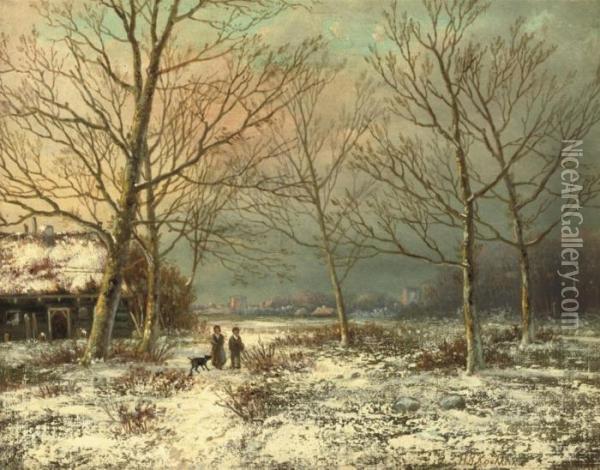 On A Snowy Path In Winter Oil Painting - Hendrik Pieter Koekkoek