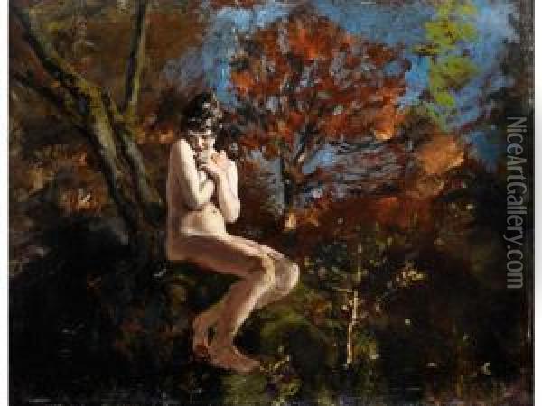 Sitzender Madchenakt Unter Herbstlichen Baumen Oil Painting - Leopold Schmutzler