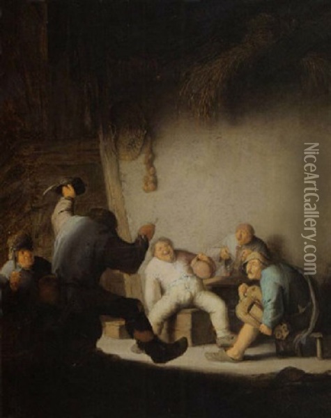 Peasants Drinking And Making Music In A Barn Interior Oil Painting - Adriaen Jansz van Ostade