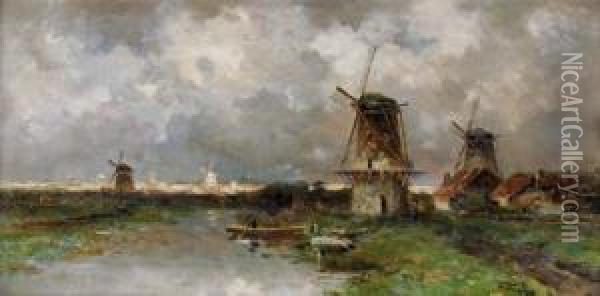 Opkomend Onweder: Windmills Along A River Oil Painting - Willem Cornelis Rip