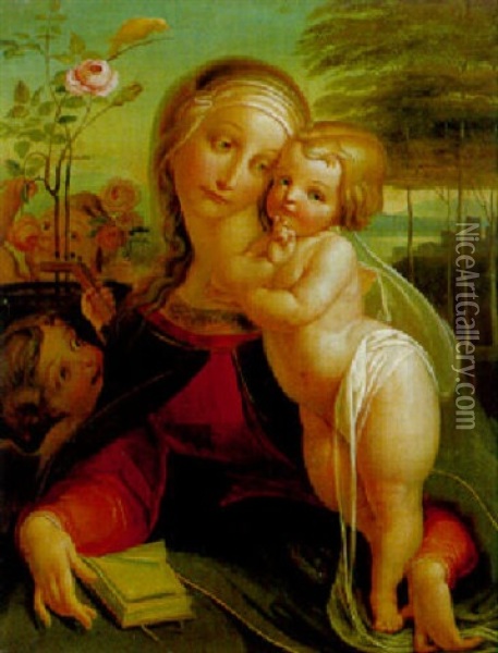 Maria Mit Kind Und Zwei Engeln In Einer Landschaft Mit Rosenstrauch Oil Painting - Franz Anton Stecher