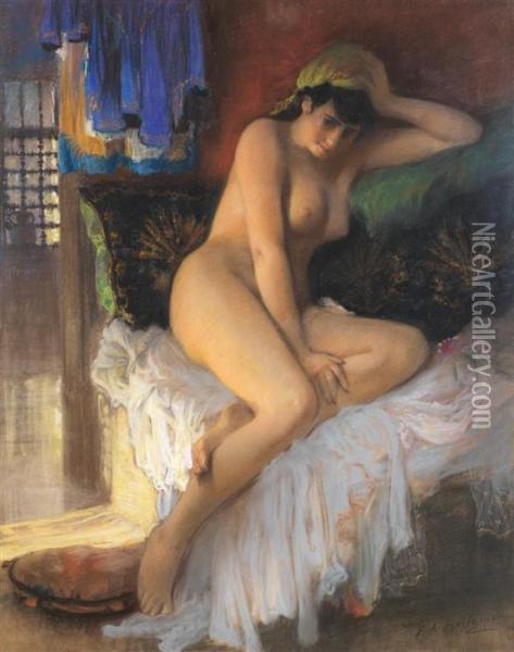 Odalisque Au Foulard Vert Oil Painting - Frederick Arthur Bridgman