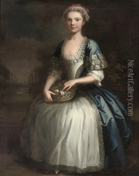 Portrait Of A Girl In A Blue Dress And Pink And White Lace Bonnet, Holding A Basket Of Flowers, In A Formal Garden Oil Painting - Bartholomew Dandridge