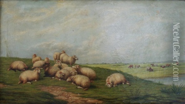 Sheep And Cattle In A Meadow Oil Painting - John W. Morris