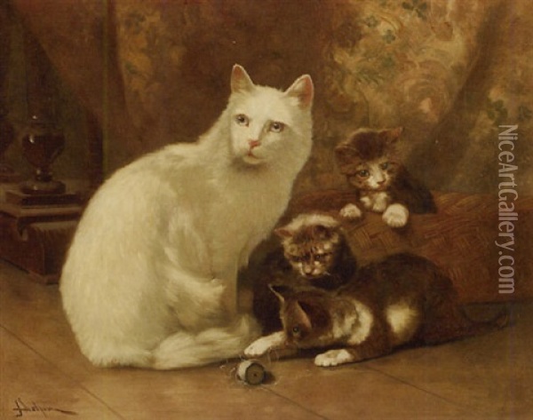 A Spool Of Thread, A Mother With Her Kittens Oil Painting - John Henry Dolph