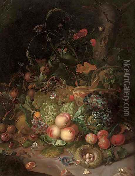 Apples, pears, grapes, corn, pomegranates, a birds nest with eggs, butterflies, a lizard and other insects in a wooded clearing Oil Painting - Rachel Ruysch