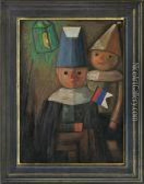 Children With Lanterns And Flag Oil Painting - Tadeusz Makowski