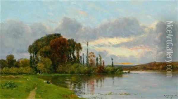 A River Landscape With Washerwoman Oil Painting - Hippolyte Camille Delpy