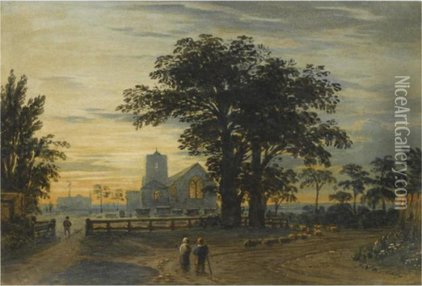 Willesden Church, Middlesex, With Harrow Church In The Distance Oil Painting - John Varley