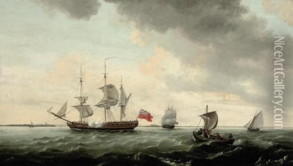 A Royal Navy Frigate Signalling Her Arrival Off Harwich Oil Painting - Thomas Luny
