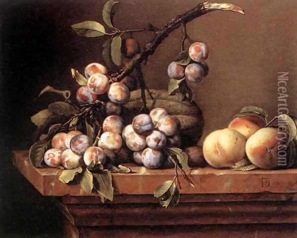 Plums and Peaches on a Table 1650 Oil Painting - Pierre Dupuys