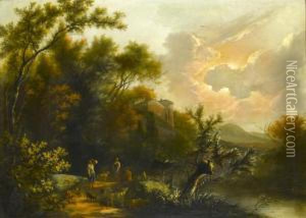 A Southern Wooded Landscape With Peasants And Animals By A River Oil Painting - Adam Pynacker