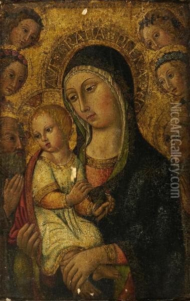 Madonna And Child. Surrounded By St. Anthony Abbott And St. Bernardino Of Siena Looking On With Four Angels. Old Label On Reverse Handwritten In Italian. Oil Painting - Ansano Mancio Di Sano Di Pietro