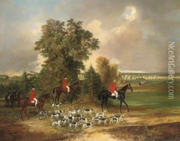 A Hunt In The Grounds Of The 
Chateau Of Lysa Nad Labem, Bohemiawith Prince Louis Rohan 
Guemmenee-rochefort (b. 1833) At The Headof The Hounds Oil Painting - Johann Adam Klein