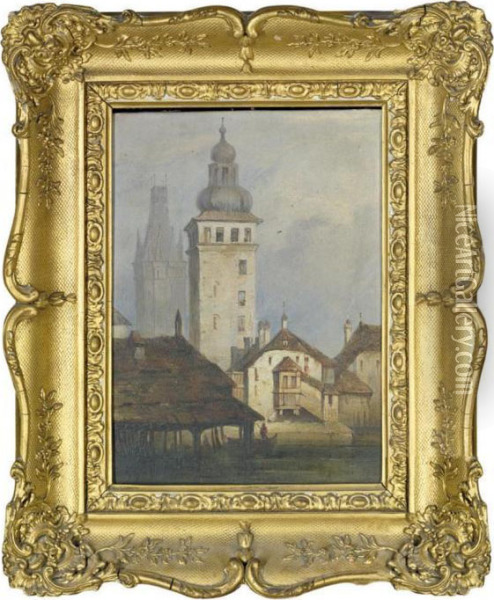 Towers In A German Town With Boats Passing On A River Below Oil Painting - Samuel Prout