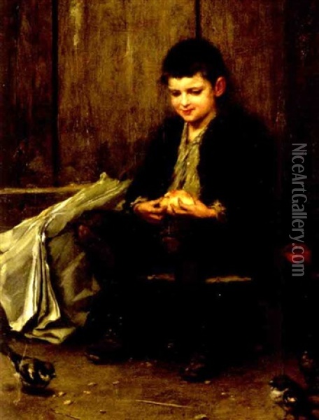 A Boy Peeling An Orange With Sparrows Feeding At His Feet Oil Painting - Frederick Dielman