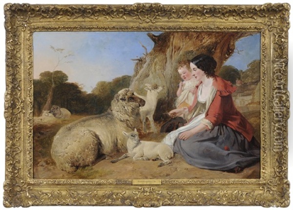 Shepherdess And Child Feeding Sheep Oil Painting - Richard Ansdell