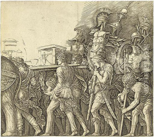 Triumph Of Caesar: Soldiers Carrying Trophies. Oil Painting - Andrea Mantegna