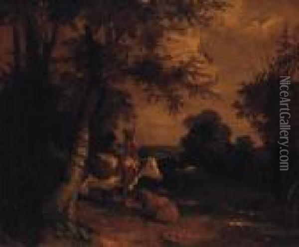 Figures With Cattle And Sheep In A Wooded Landscape Oil Painting - George Morland