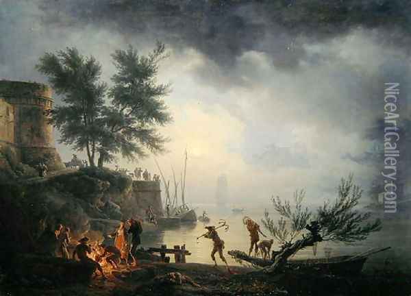 Sunrise, A Coastal Scene with Figures around a Fire, 1760 Oil Painting - Claude-joseph Vernet