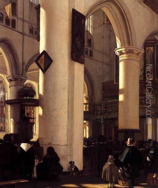 Interior of a Protestant Gothic Church (detail) Oil Painting - Emanuel de Witte