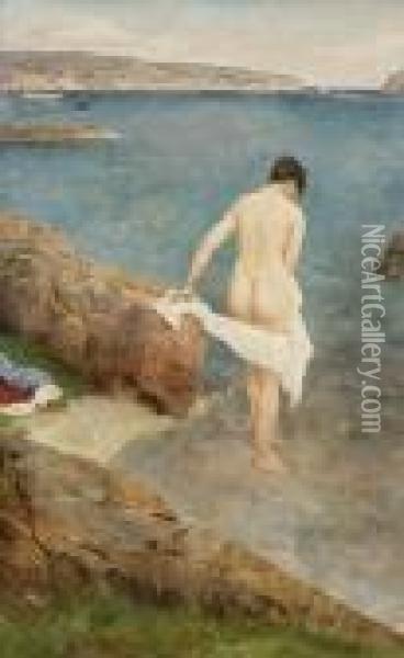 Woman On A Beech Oil Painting - Axel Ender