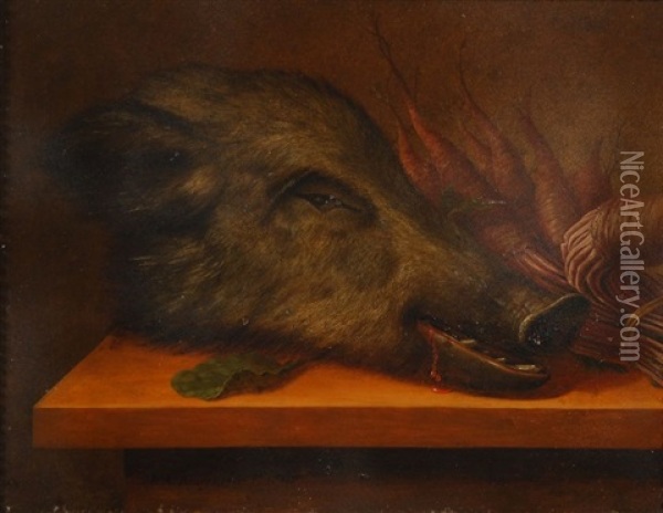Tetes De Gibier Et Legumes Sur Une Table (2 Works) Oil Painting - Johann Adalbert Angermayer