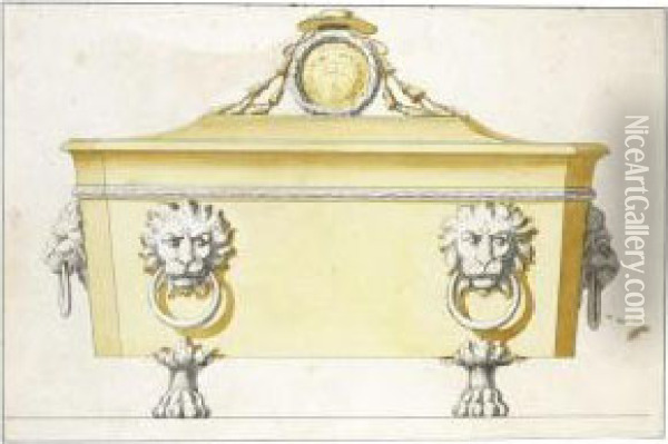 Design For A Sarcophagus Shaped Casket With Lions' Mask Handles,the Cover Surmounted By The Coat Of Arms Of A Cardinal Oil Painting - Luigi Valadier