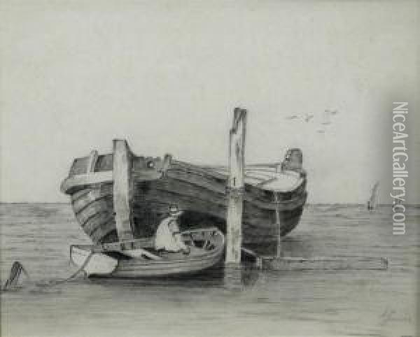 Study Of A Wherry With A Man In A Rowing Boat Oil Painting - Alfred Stannard