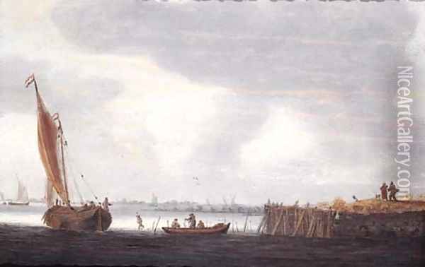 A smalschip setting out from a harbour at dawn with fishermen in a rowing boat Oil Painting - Hieronymous Van Diest