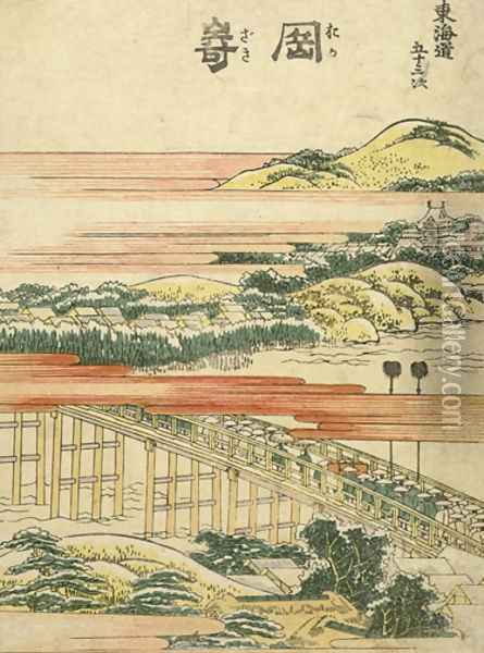 Samurai Procession Crossing over a Bridge Oil Painting - Katsushika Hokusai