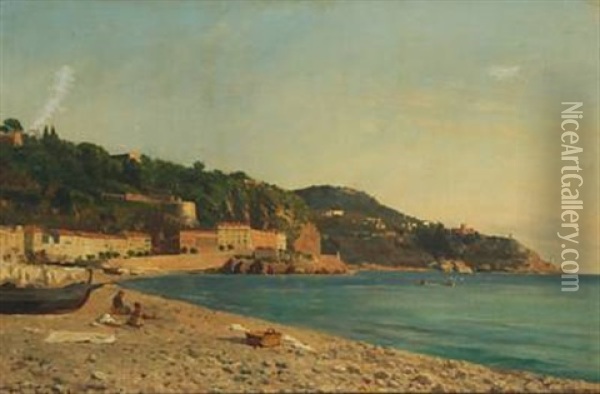 Coastal Scene From Nice Oil Painting - August Fischer