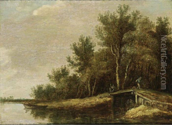 A River Landscape With A Fisherman In A Rowing Boat, And A Traveller On A Bridge Oil Painting - Jan van Goyen