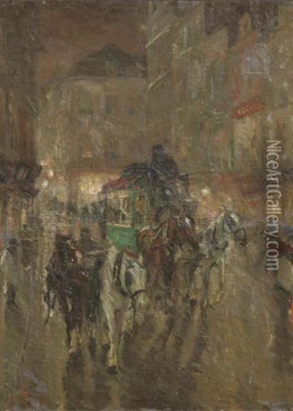 City Lights: An Omnibus In A Busy Street Oil Painting - Maurits Niekerk