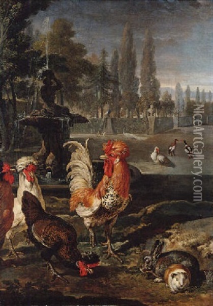 The Grounds Of A Villa With Bantams, A Rabbit, Guinea Pig And Duck, Beside A Classical Fountain Oil Painting - David de Coninck
