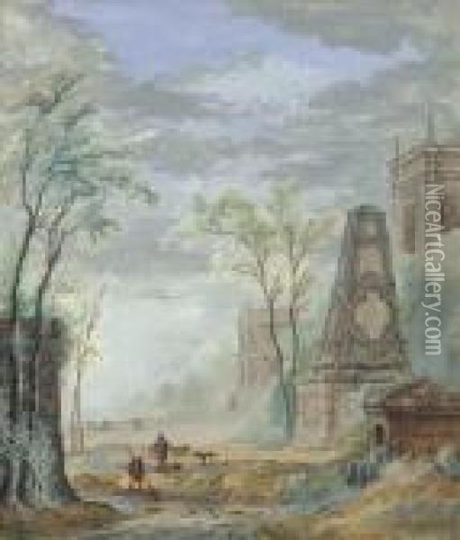 Water Carriers Before Classical 
Ruins; And Figures Netting Before Aclassical Monument With A Palazzo 
Beyond (illustrated) Oil Painting - Abraham Rademaker