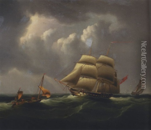 British Cutter And Frigate At Sea Oil Painting - Thomas Buttersworth